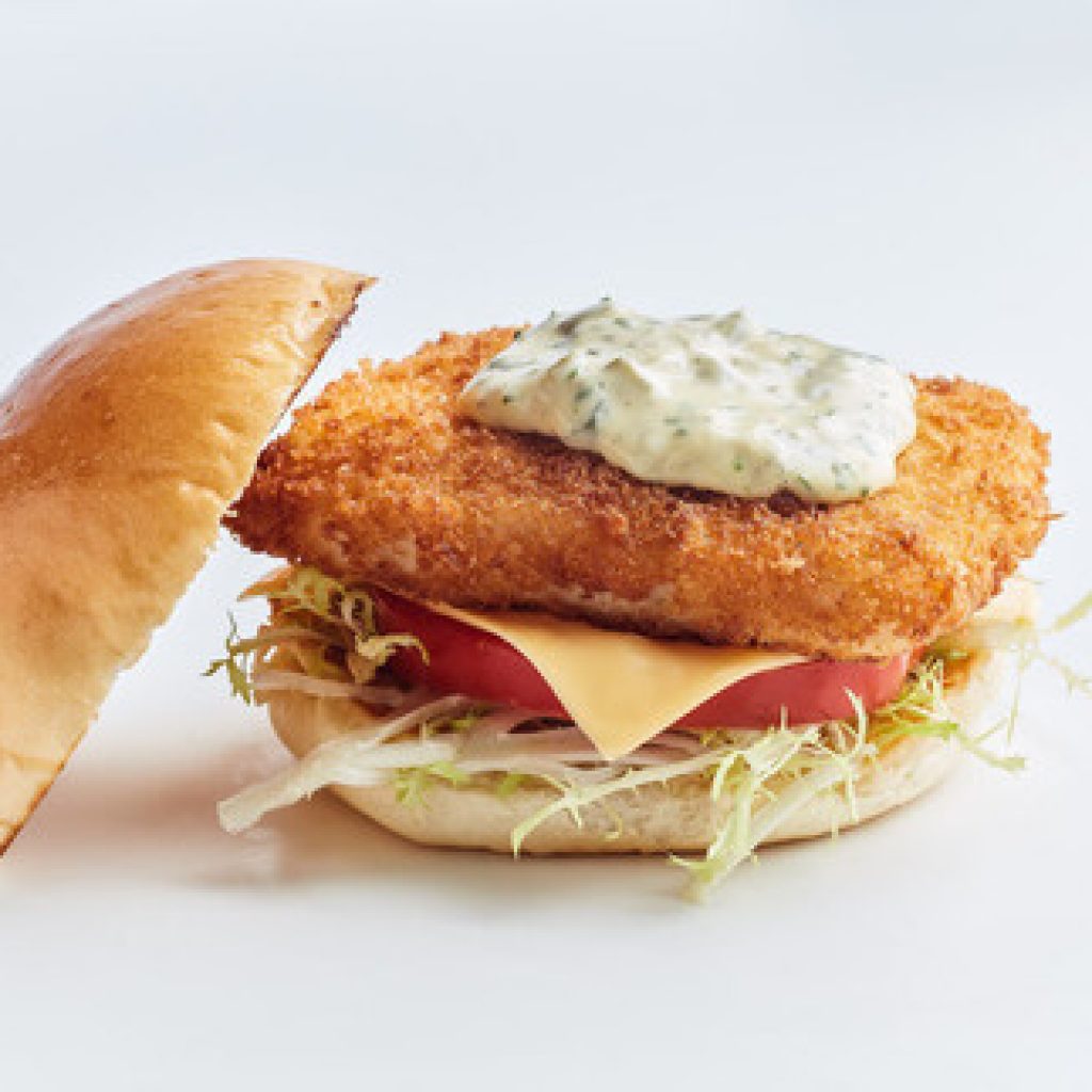 A breaded fish burger that is compromised of a lab-grown fried fish filler by food tech start up Avant Meats in Hong Kong