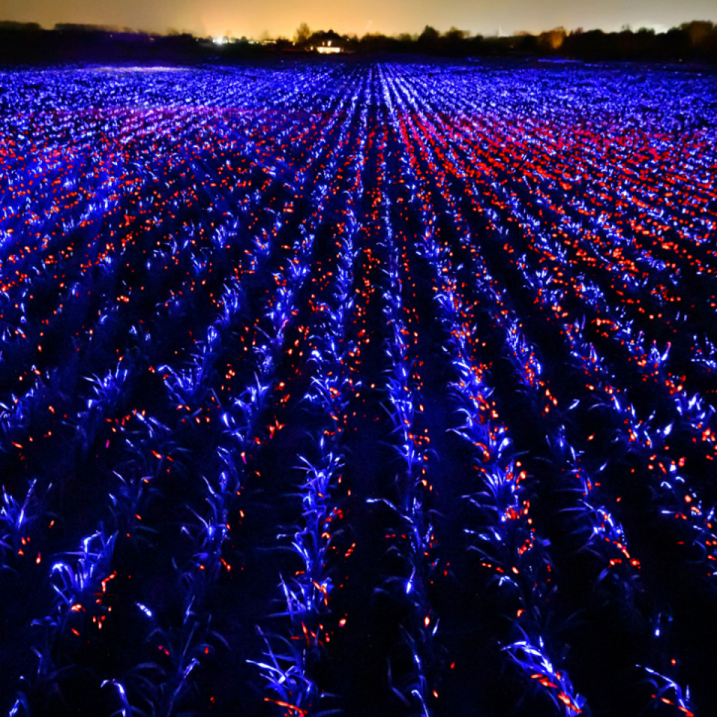 a field of lants with UV lights shining on them 