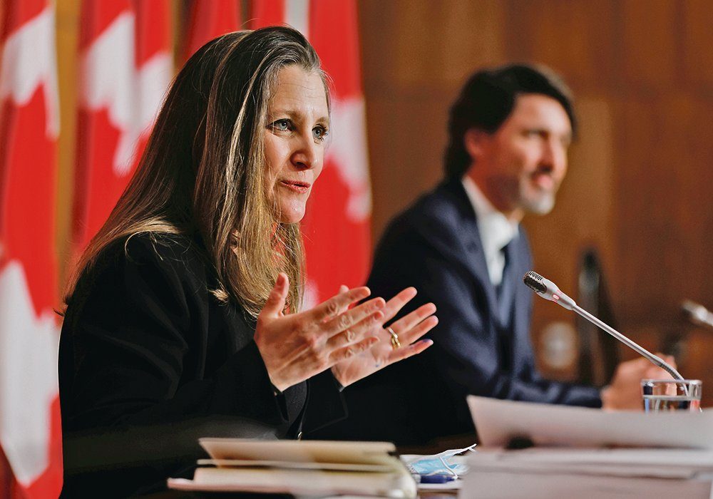 Federal finance minister Chrystia Freeland, seen here at a news conference last week with prime minister Justin Trudeau, has made $200 million available in the government’s 2021 budget for nitrogen, cover crop and rotational grazing programs, $60 million for a wetlands program and $10 million for clean energy. 