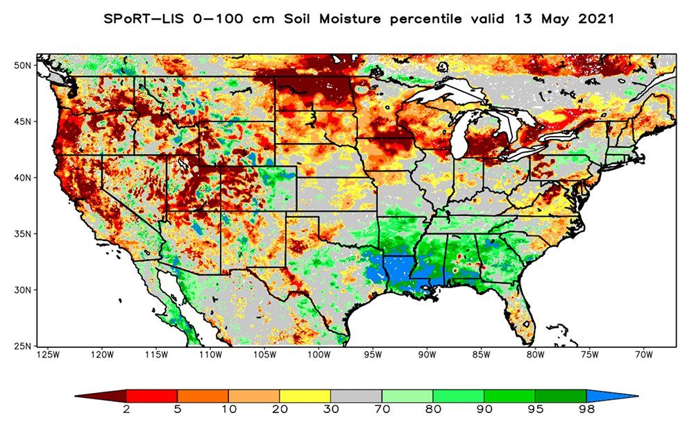 Data from NASA shows that millions of acres of farmland, in northern North Dakota and across the border into Manitoba and Saskatchewan, have extremely low soil moisture this spring. 