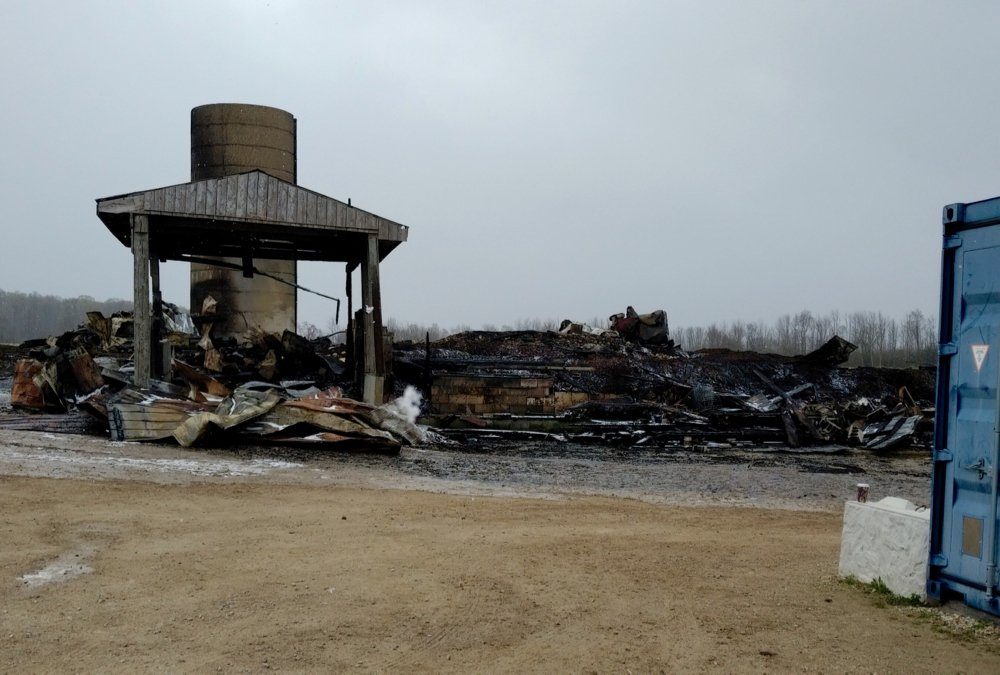 The primary processing area of Schefter Poultry was undamaged by the fire, which originated in the composting facility, shown burned to the ground.