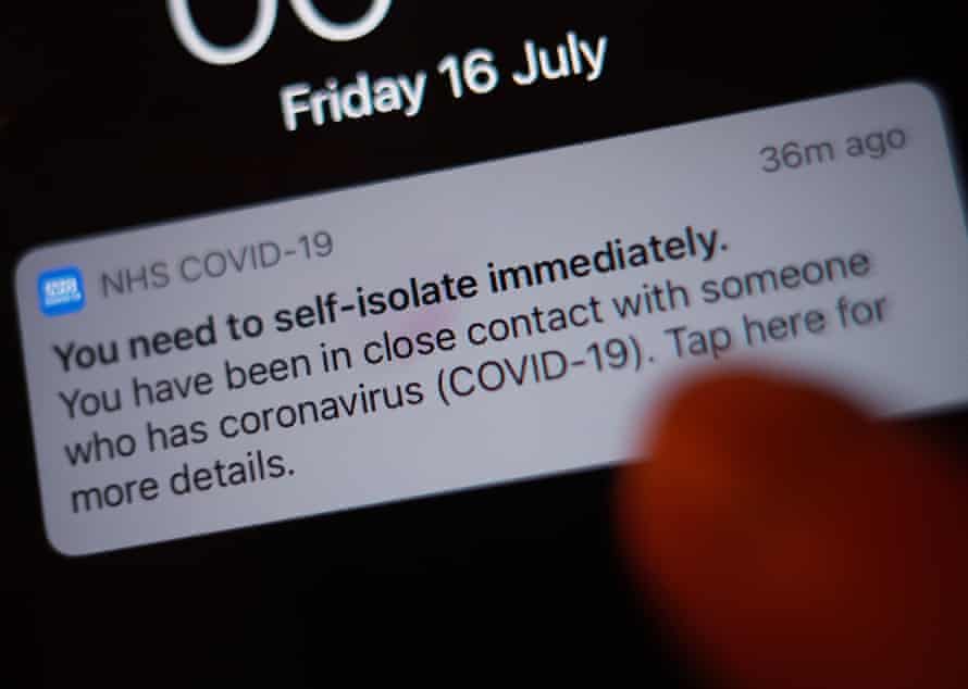 a notification issued by the NHS coronavirus contact tracing app .