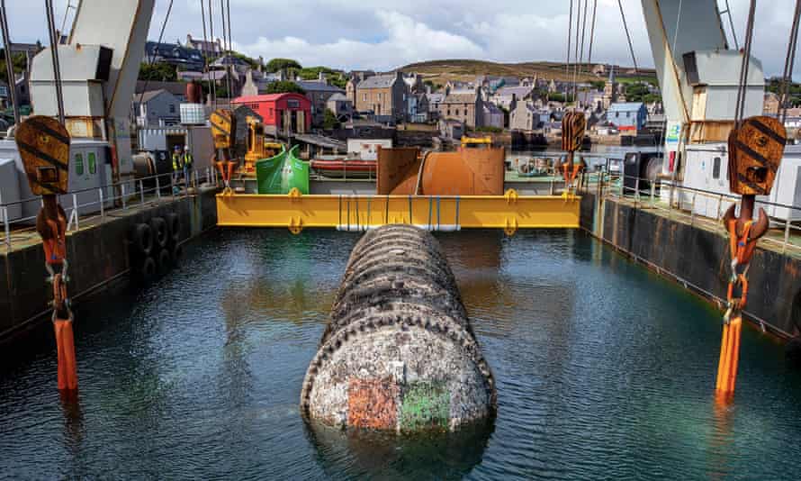Microsoft’s Northern Isles data center being pulled up from the sea bed off Scotland’s Orkney Islands.