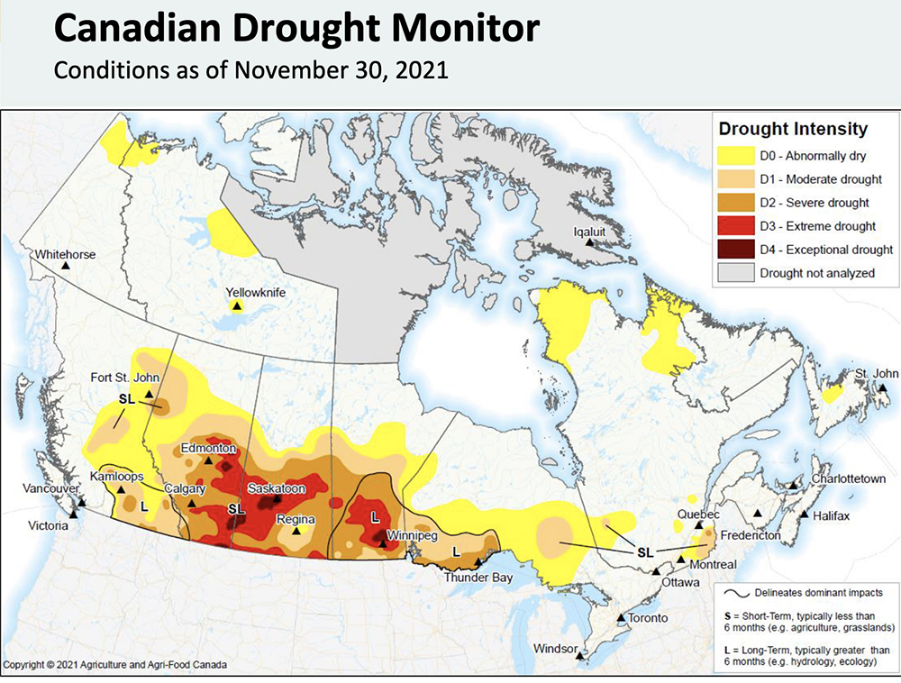 The assessment for the period ended Nov. 30 showed few areas of worsening drought on the Prairies with conditions either staying the same or improving in one drought classification compared to October.  Despite the appearance of improving conditions, drought continues to persist.  