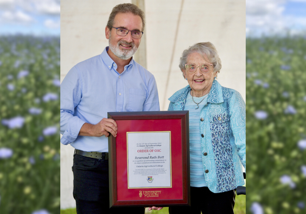 Rev. Ruth Butt received the Member of the Order of Ontario Agricultural College (OAC) at Canada’s Outdoor Farm Show Sept. 15, 2022. The award was presented to her by OAC Dean Rene Van Acker.