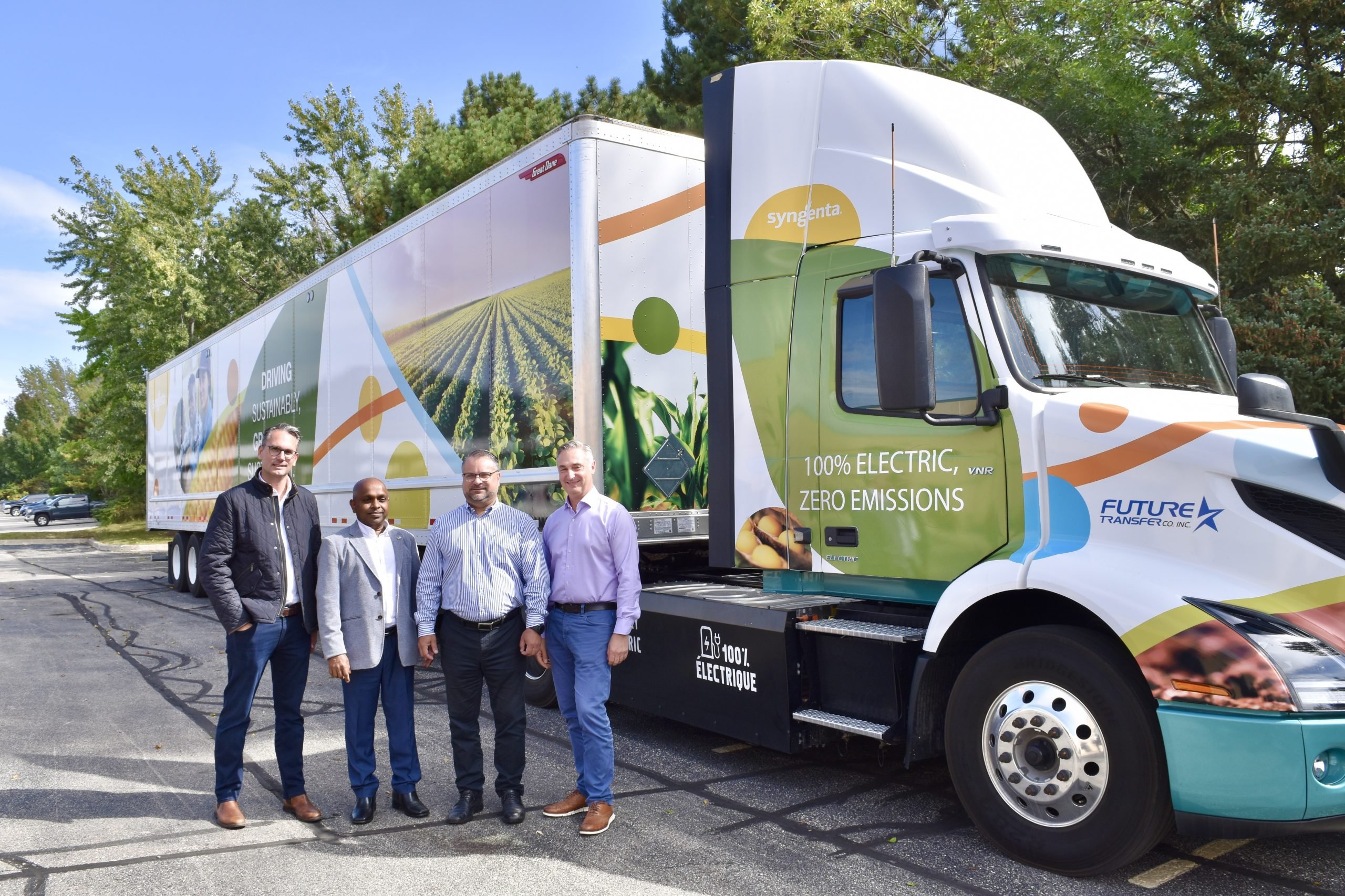 Syngenta Canada worked in collaboration with Future Transfer to add electric trucks to its logistics transportation fleet. From L to R – John Lansink, managing director, Future Transfer; Chan Perera, president, Future Transfer; Jose Nucci, head, production and supply, Syngenta Canada; and Trevor Heck, president, Syngenta Canada.