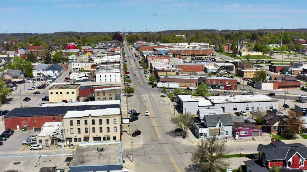 Aerial view of the city centre in Tillsonburg, Ont.