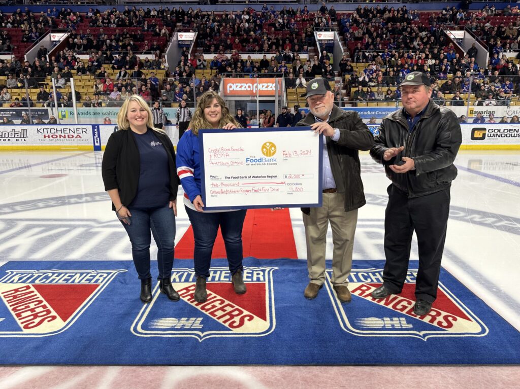 L to R: Feed Ontario’s Director of Development & Partnerships, Stephanie Ashton-Smith, The Food Bank of Waterloo Region CEO, Kim Wilhelm, Waterloo Region pork producer Stewart Cressman, and Ontario Pork Board Chair John de Bruyn. 