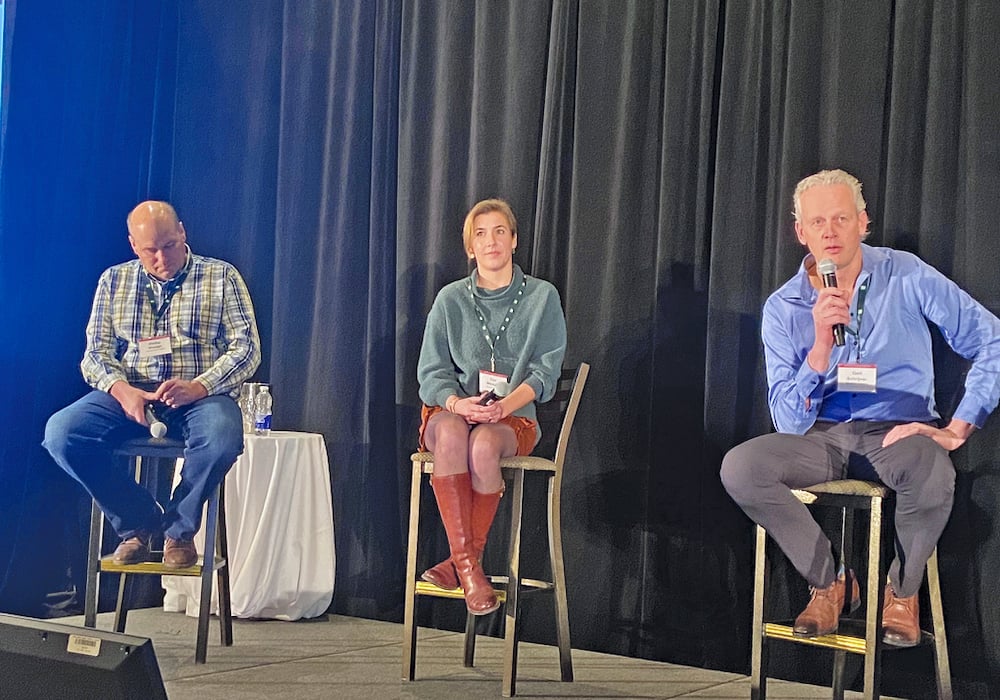 Gery Schrijver, right, of Alberta, Cox Wensink of Ontario and Phillip Vroegh of Nova Scotia were on a dairy producer panel at the 2024 Progressive Dairy Operators symposium.