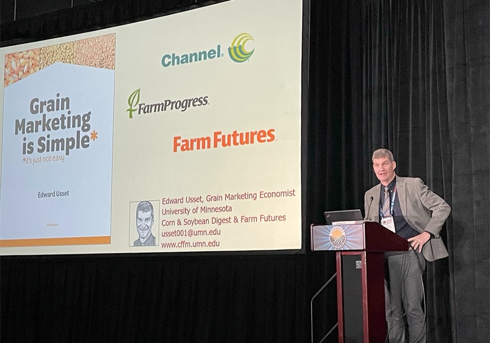 Ed Usset, grain marketing economist with the University of Minnesota, tells growers attending the 2024 Commodity Classic conference to stick with a strategy of pricing grain pre- and post-harvest because it delivers far better results than marketing it at harvest time.