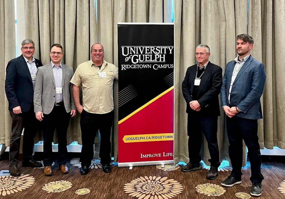 L to R: University of Guelph dean John Cranfield; Brett Shepard, Ridgetown Campus; Chris Gillard, researcher; Jamie Payton, OBG acting chair; Ryan Koeslag, Ontario Bean Growers executive director.