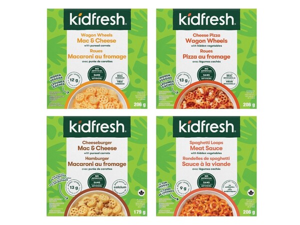 Kidfresh's Wagon Wheels Mac & Cheese, Spaghetti Loops Meat Sauce, Cheese Pizza Wagon Wheels, and Cheeseburger Mac & Cheese singles-serve entrees