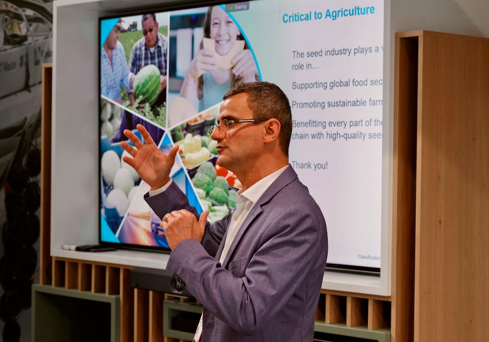 Jeremie Chabanis of Syngenta Seeds talks about the work of vegetable seed breeding during a tour of the Syngenta Tomato Vision  greenhouse near Amsterdam.