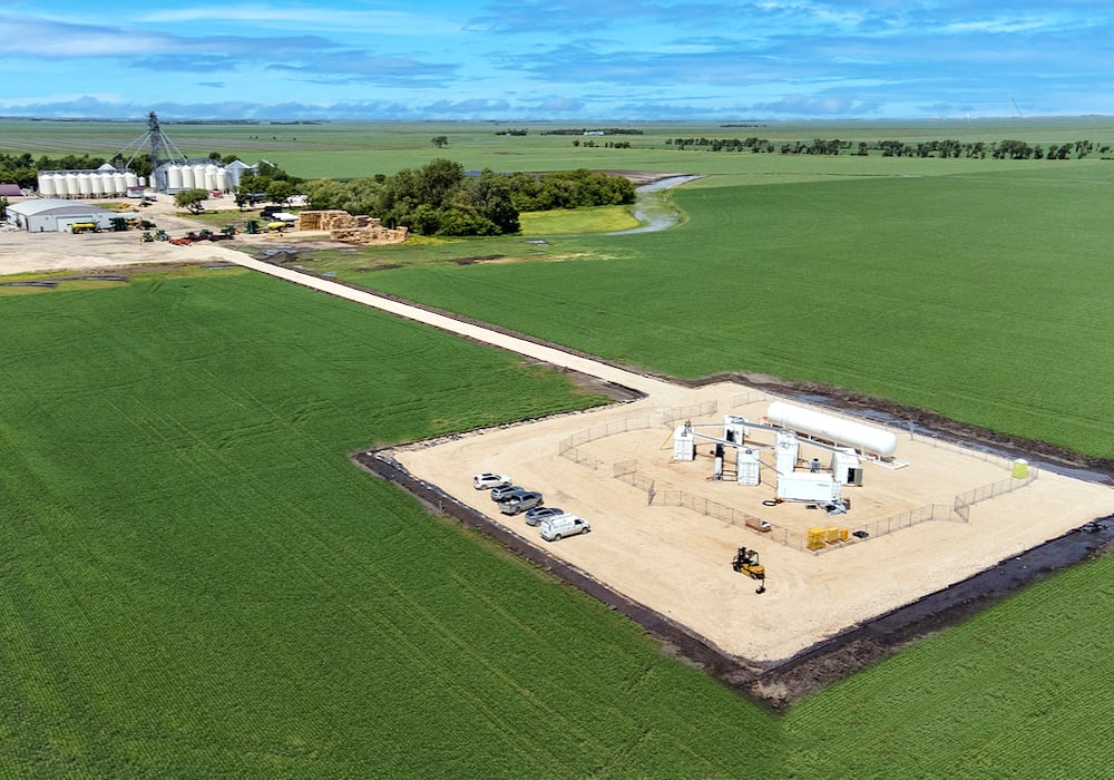 Aerial view of the soon to be functional green ammonia plant on R&L Acres near Sperling Manitoba.