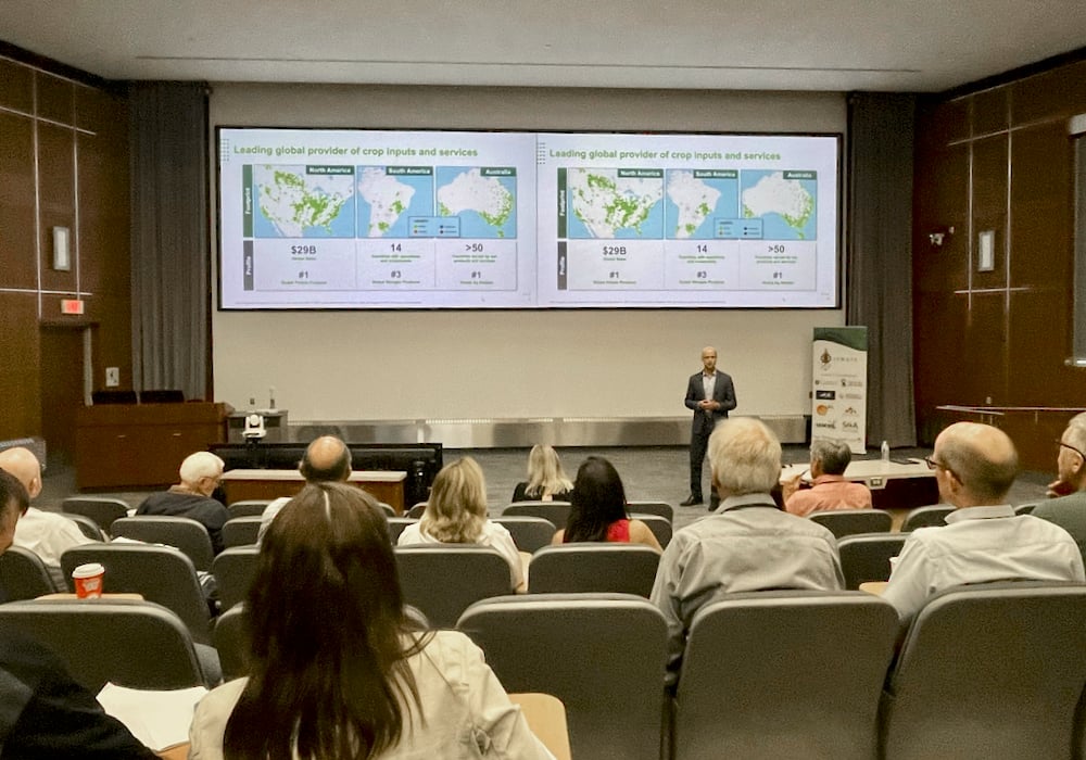 Jason Newton, chief economist and head of market research with Nutrien, provides a global crop market outlook to delegates attending the International Farm Management Association Congress in Saskatoon.