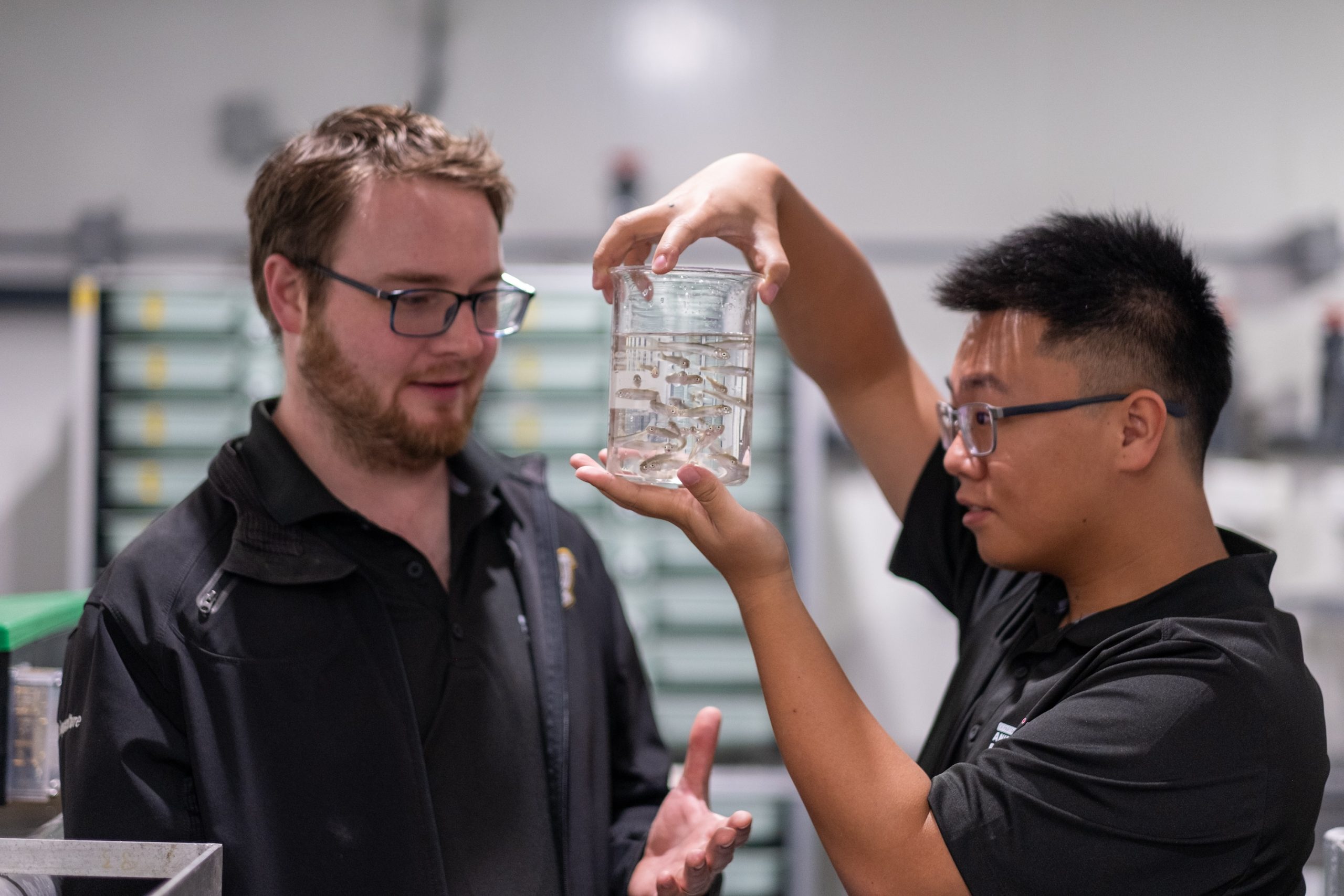 Dr. David Huyben and M.Sc. student Junyu Zhang at the Ontario Aquaculture Research Centre.

