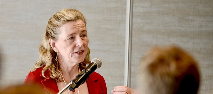 Mary Wells, University of Waterloo Dean of Engineering, explains collaboration potential between the agriculture and the university’s Applied Science and Engineering faculty to create sector technology solutions during the Livestock Research Innovation Corporation symposium in Elora on June 20, 2024.