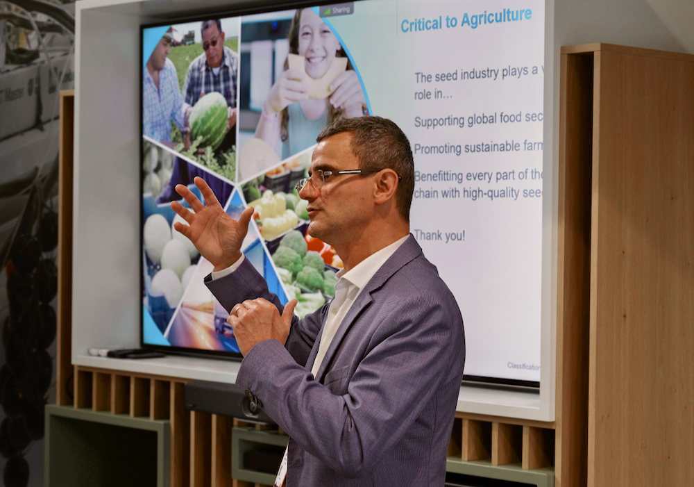 Jeremie Chabanis of Syngenta Seeds talks about the work of vegetable seed breeding during a tour of the Syngenta Tomato Vision  greenhouse near Amsterdam.