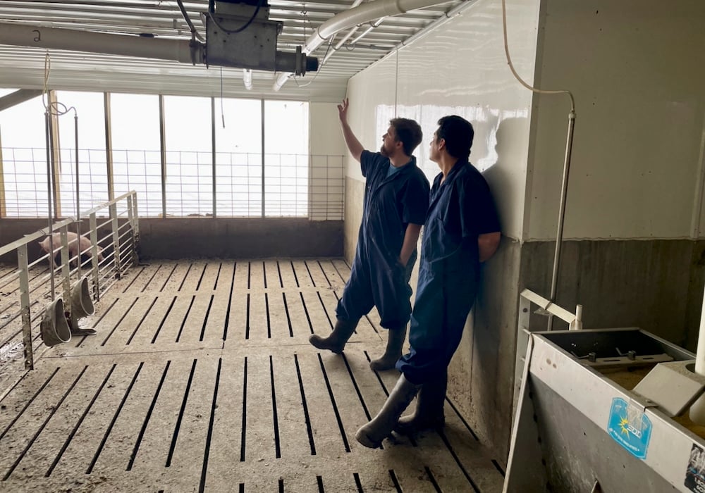 Casey Forsyth (left) inside a hog barn looking at the FeedFlo system.