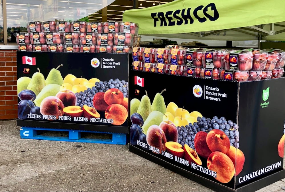 Ontario Tender Fruit Growers'  bins are strategically placed within grocery retail stores allowing consumers to identify locally grown, seasonal tender fruit products quickly.