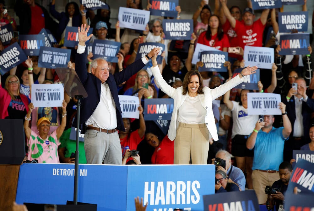 Tim Walz and Kamala Harris at a campaign rally.