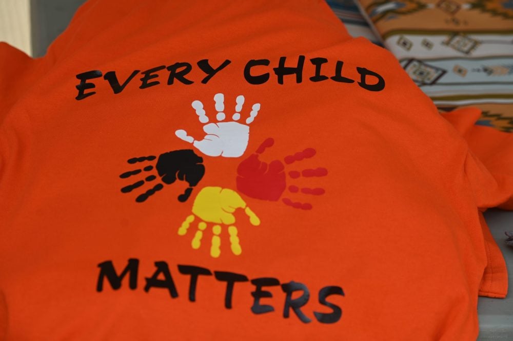 A t-shirt with words ‘Every Child Matters’ seen on display in Edmonton, on August 24, 2023, in Edmonton, Alberta, Canada. (Photo by Artur Widak/NurPhoto)
