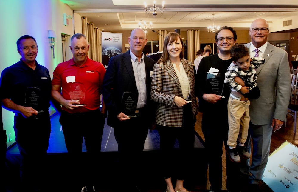 The winners of the 2024 Innovation in Agriculture Awards, with Ontario Minister of Agriculture, Food and Agribusiness Rob Flack (far right). 