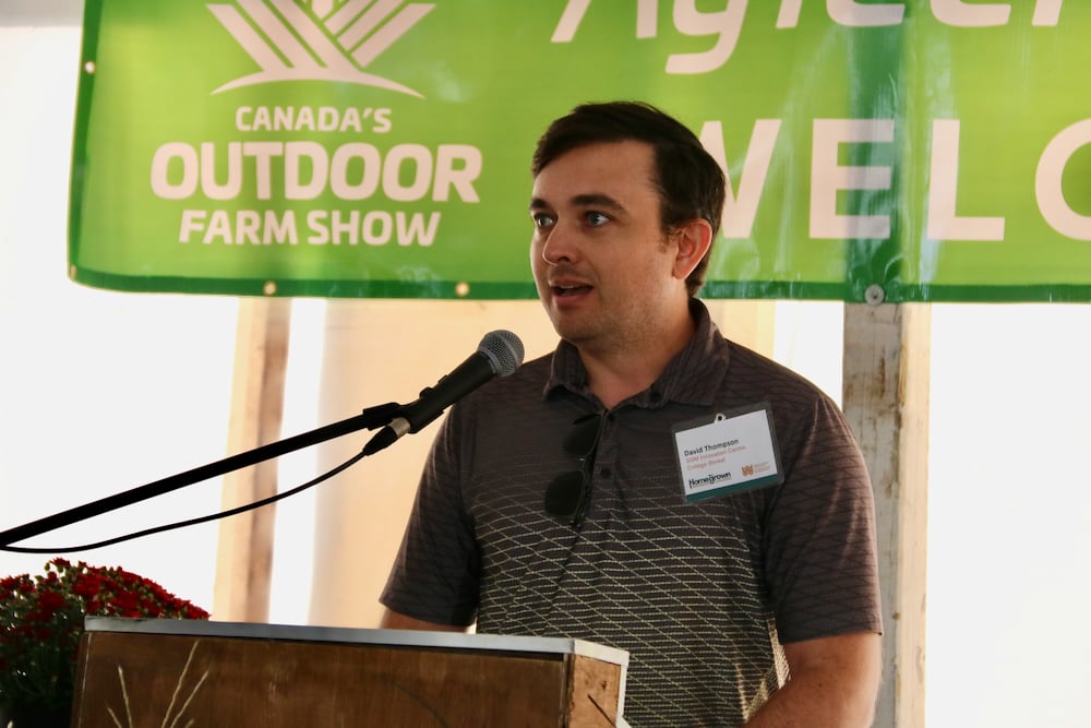 David Thompson talks about a northern Ontario project to develop a system that works to grow strawberries indoors at the AgTech Breakfast at Canada's Outdoor Farm Show 2024. 