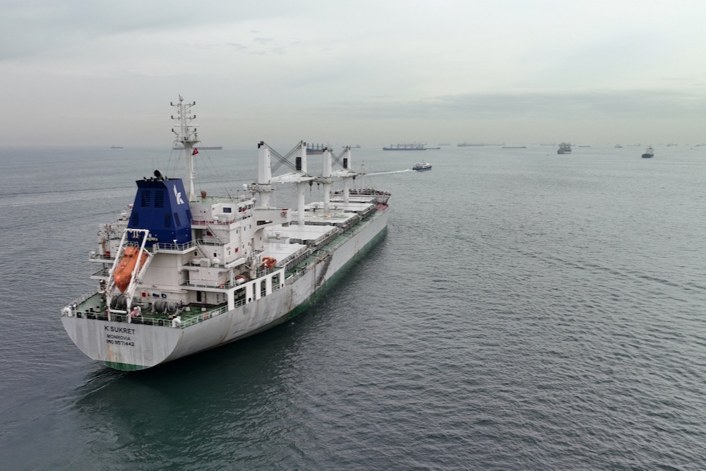 Liberia-flagged bulker K Sukret, carrying grain under the Black Sea Grain Initiative, waits for inspection in the southern anchorage of Istanbul on May 17, 2023. (Photo: Reuters/Mehmet Emin Caliskan)
