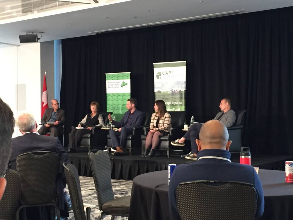 From L to R: Michael Harvey, executive director, Canadian Agri-Food Trade Alliance (CAFTA), Alanna Koch, board chair, Global Institute for Food Security, Scott Ross, executive director, Canadian Federation of Agriculture, Kate Harrison, vice-chair, Summa Strategies Canada, and Mike Wilson, executive director, Smart Prosperity Institute, speak during a panel session at the Canadian Agri-Food Policy Institute’s conference in Ottawa Oct. 2. 