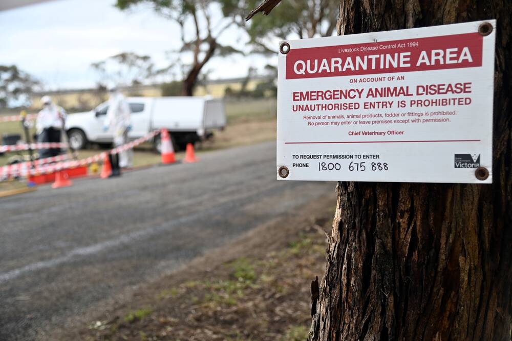 A quarantine area sign is attached to a tree at a quarantine zone after an outbreak of Bird flu in Victoria, Australia. Photo: AAP Image/Supplied by Department of Energy, Environment and Climate Action via Reuters
