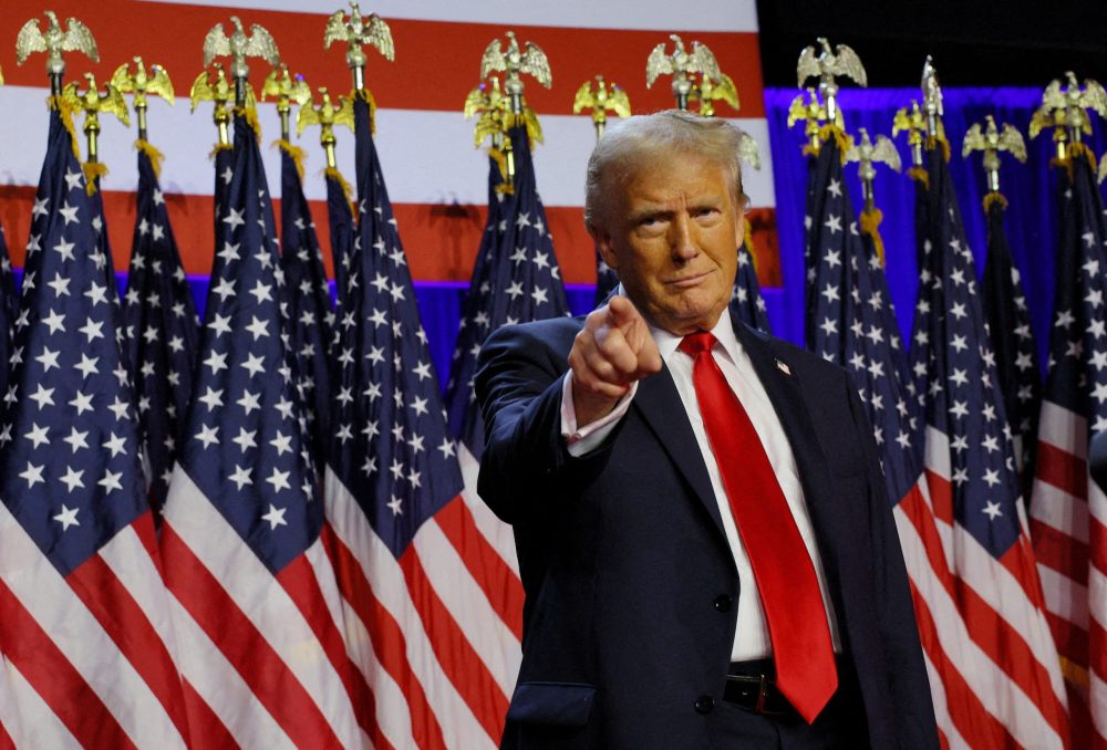 Republican presidential nominee and former U.S. President Donald Trump takes the stage to address supporters at his rally, at the Palm Beach County Convention Center in West Palm Beach, Florida, U.S., November 6, 2024. REUTERS/Brian Snyder/File Photo
