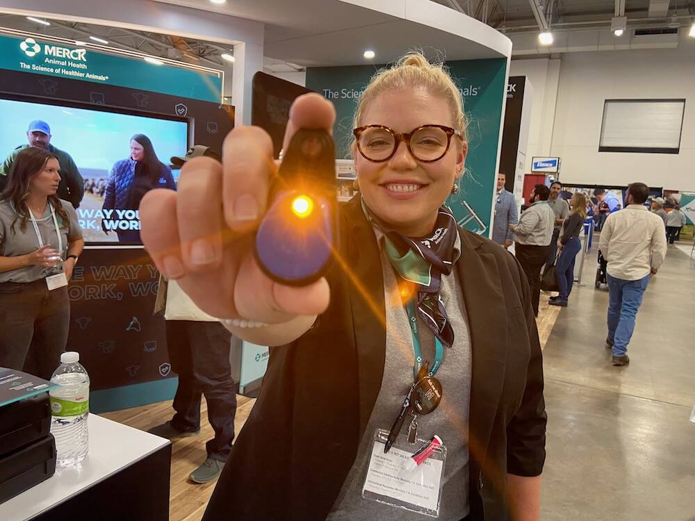 Erican Tessman of Merck Animal Health shows the SenseHub Youngstock tag that lights up when a calf has an issue that needs to be checked. 