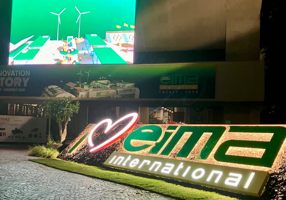 A display greets journalists and visitors at the main entrance of the EIMA international machinery and technology on Nov. 5, 2024.  Photo: Greg Berg
