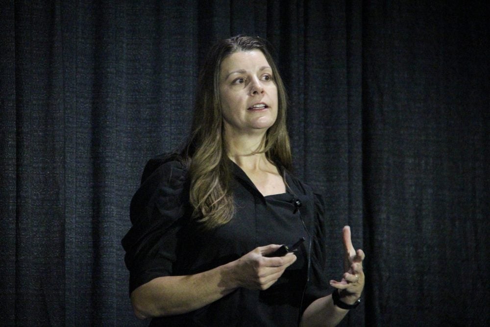 Sandra Ellis, CN’s vice-president for bulk, speaks at Canadian Western Agribition’s Grain Expo. PHOTO: MELISSA JEFFERS-BEZAN
