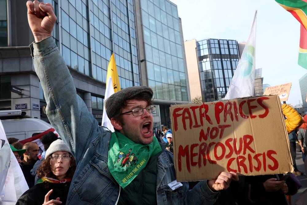 European farmers gather to protest against an EU-Mercosur agreement, ahead of trade talks at the G20 summit in Brazil, in Brussels, Belgium November 13, 2024. REUTERS/Yves Herman
