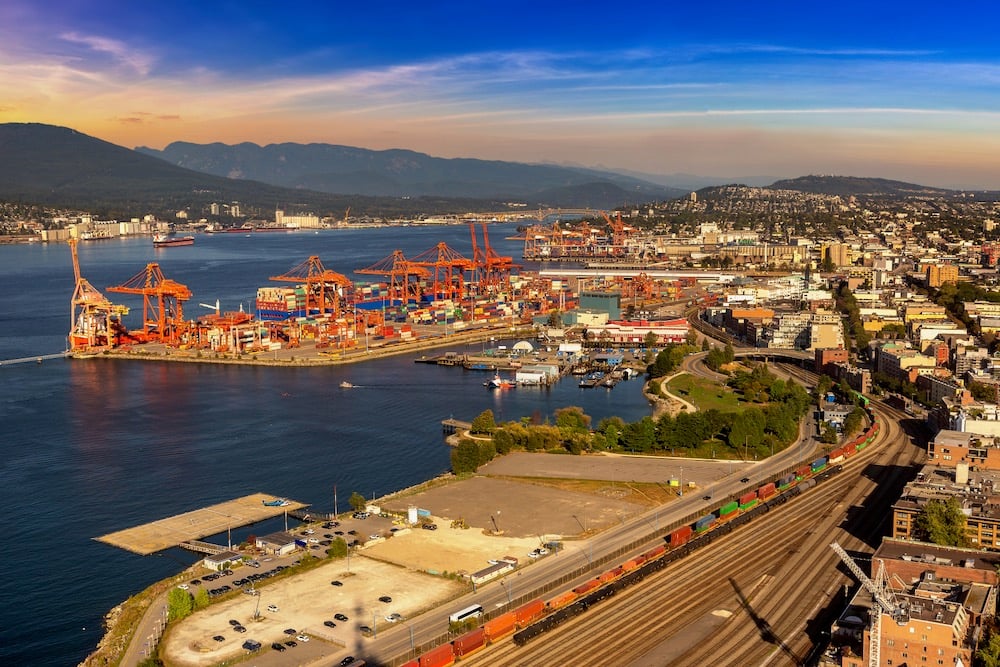 Aerial view of Centerm, a Burrard Inlet terminal for containerized cargo at the Port of Vancouver. (Bloodua/iStock/Getty Images)
