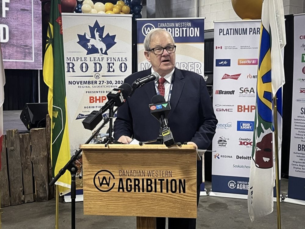 Federal Agriculture Minister Lawrence MacAulay speaks to media at Canadian Western Agribition on Nov. 25, 2025. PHOTO: KAREN BRIERE
