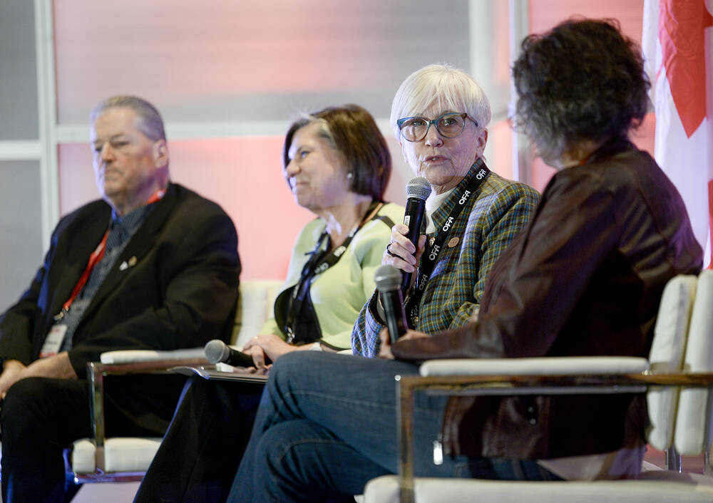 Robin Jones, Association of Municipalities president and Westport Village mayor, shares insight on how to present a strong delegation to council during the Ontario Federation of Agriculture (OFA) annual meeting Nov. 27, while fellow panellists Albert Witteveen, Niagara Region councillor, far left, Cathy Burghardt-Jessen, Lucan Biddulph mayor, and Township of Chisholm CAO clerk-treasurer, Jenny Leblond, far right, listen on. 