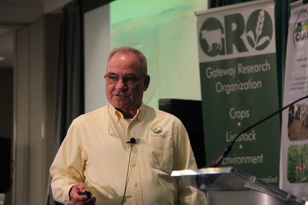 Rick Bieber presents at the Western Canada Conference on Soil Health and Grazing on how to prioritize soil health through his many years in the industry. Photo: Melissa Jeffers-Bezan
