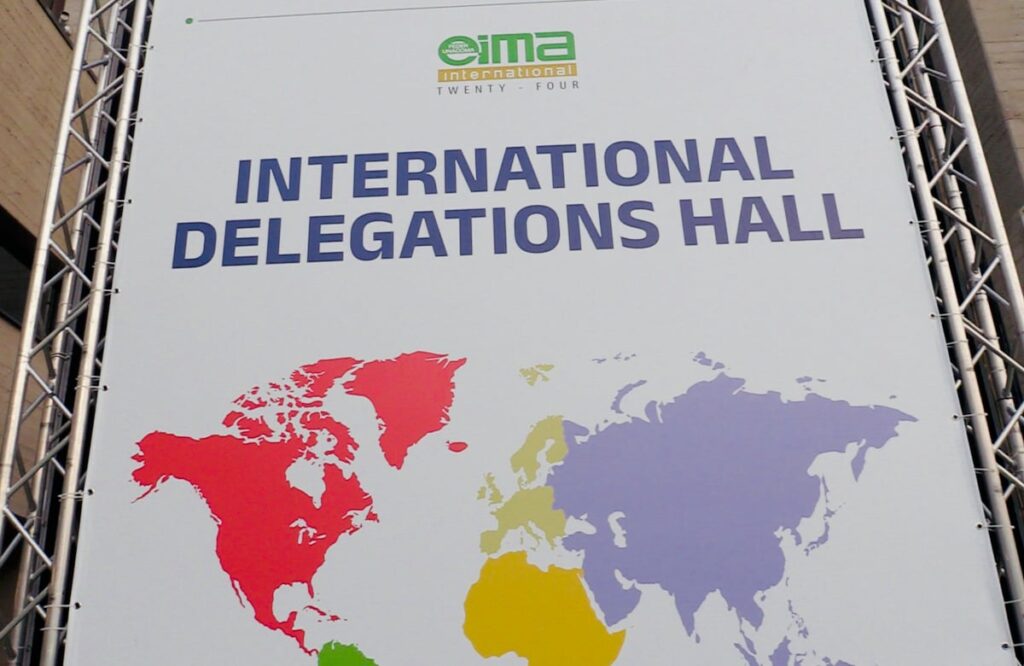 banner at the EIMA international agricultural machinery show in Bologna, Italy