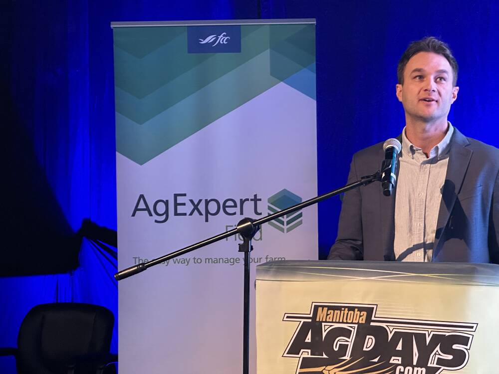 Bryan Prystupa speaking about AgExpert Sustainability at Manitoba AgDays on Wednesday, January 22. PHOTO: Don Norman
