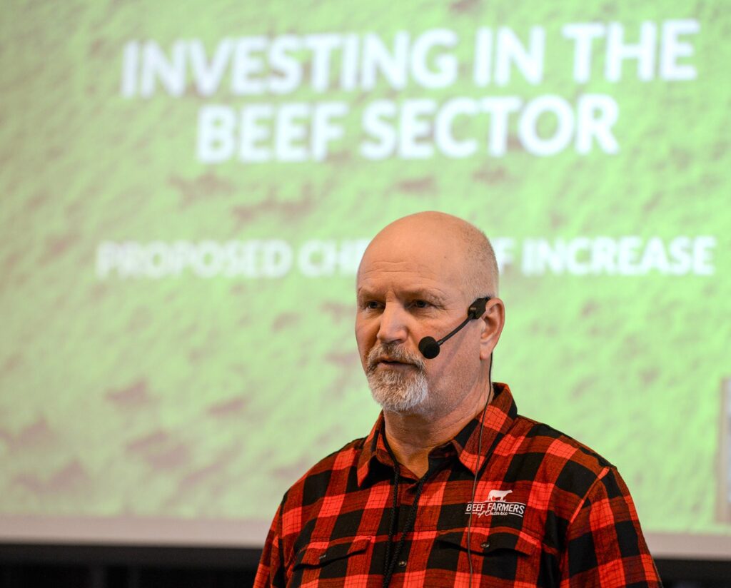 Craig McLaughlin, Beef Farmer of Ontario president, explains the proposed $1.50 check-off increase to beef producers during Beef Day at the Grey Bruce Farmers Week on Jan. 8, 2025.