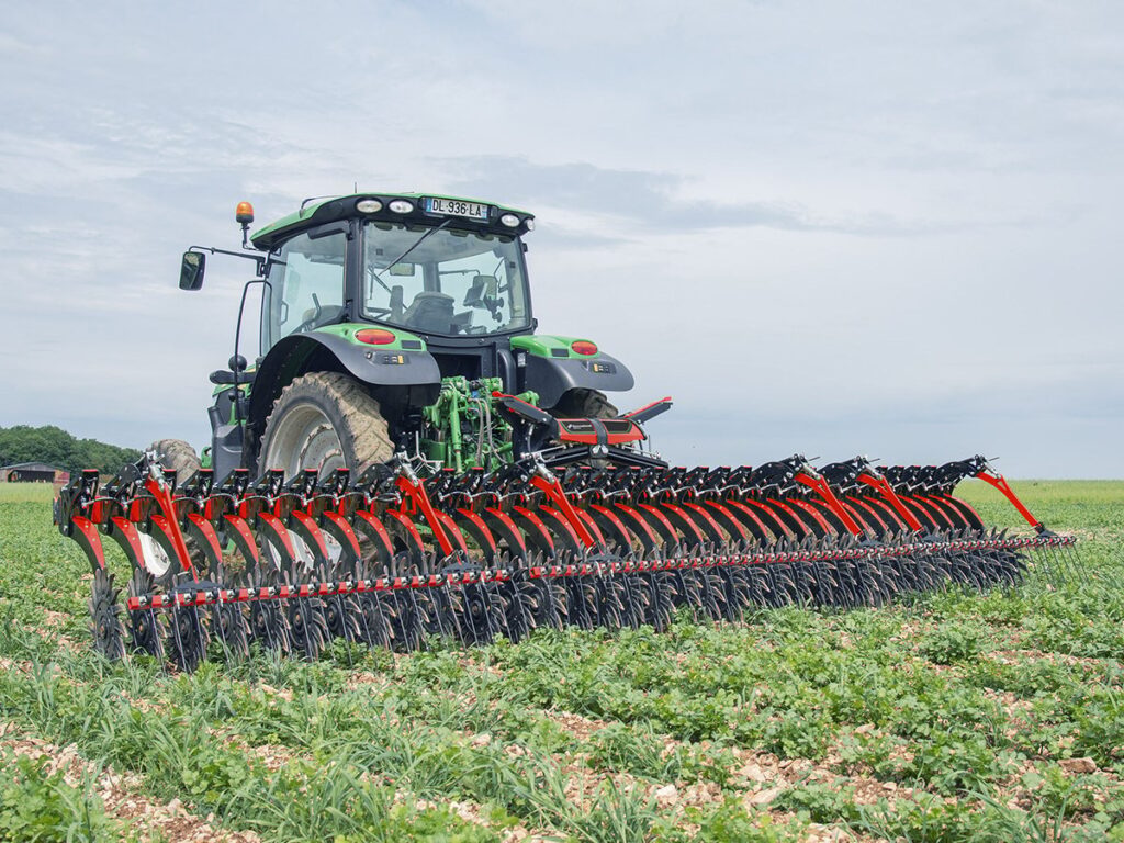 An inter-row cultivator works on an organic crop.