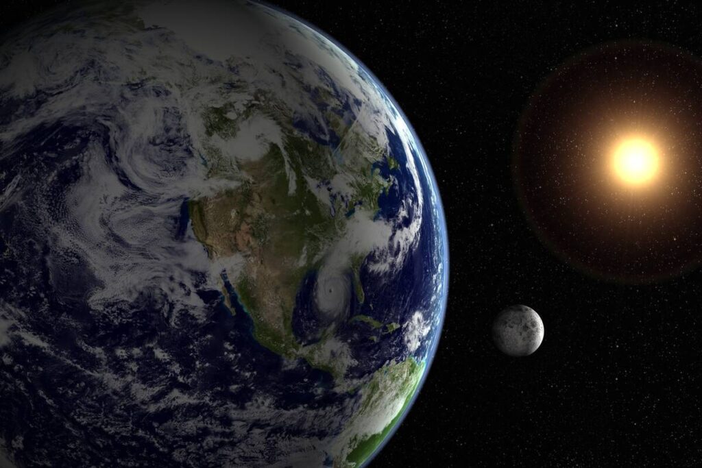A photo from space with the Earth in the foreground, the much smaller moon and the sun in the distance.