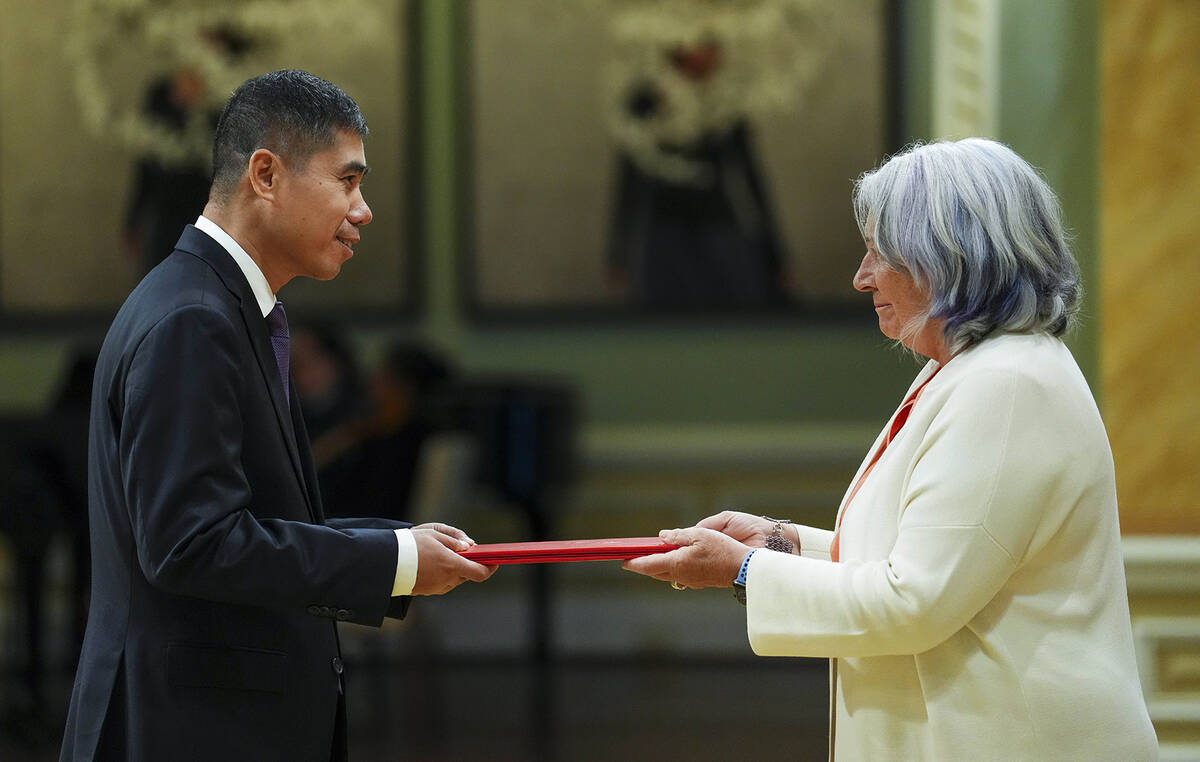 Wang Di, China’s ambassador to Canada, presents his credentials to Governor General Mary Simon during a ceremony at Rideau Hall in Ottawa last June. He has recently been urging Canada to take steps to ease the trade dispute between their two countries.  Photo: Reuters