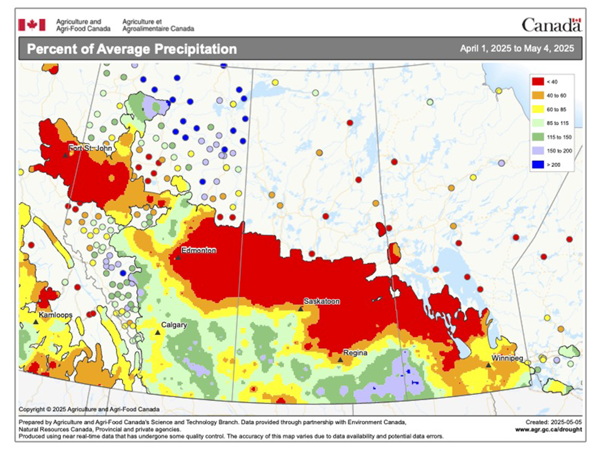 A map showing the amount of precipitation that has fallen across the Prairies since April 1 as a per cent of average. It's very dry from southwestern Manitoba, through the heart of Saskatchewan's farmland, and extending up into northwestern Alberta and northeastern British Columbia.
