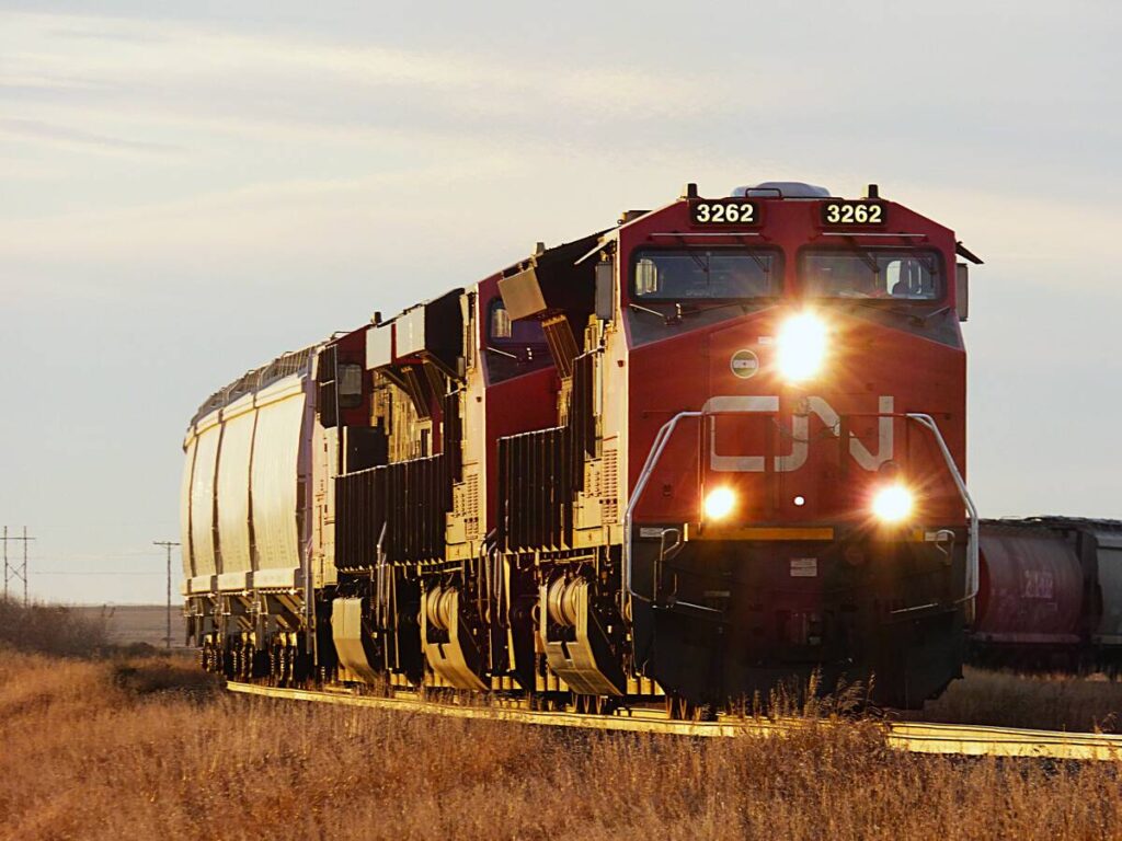 A CN locomotive pulls a grain train toward the photographer at sunset.