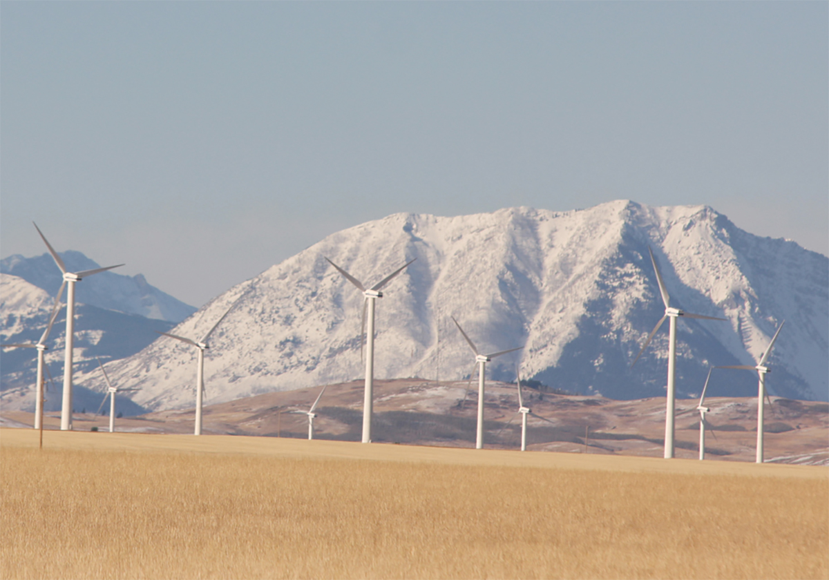 A scenic photo of a group of wind turbines at the edge of a wheat field with the Rocky Mountains in the background