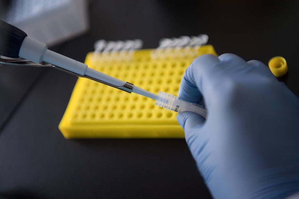 The gloved hands of a researcher using a pipette to draw liquid from a sample tube in a lab.